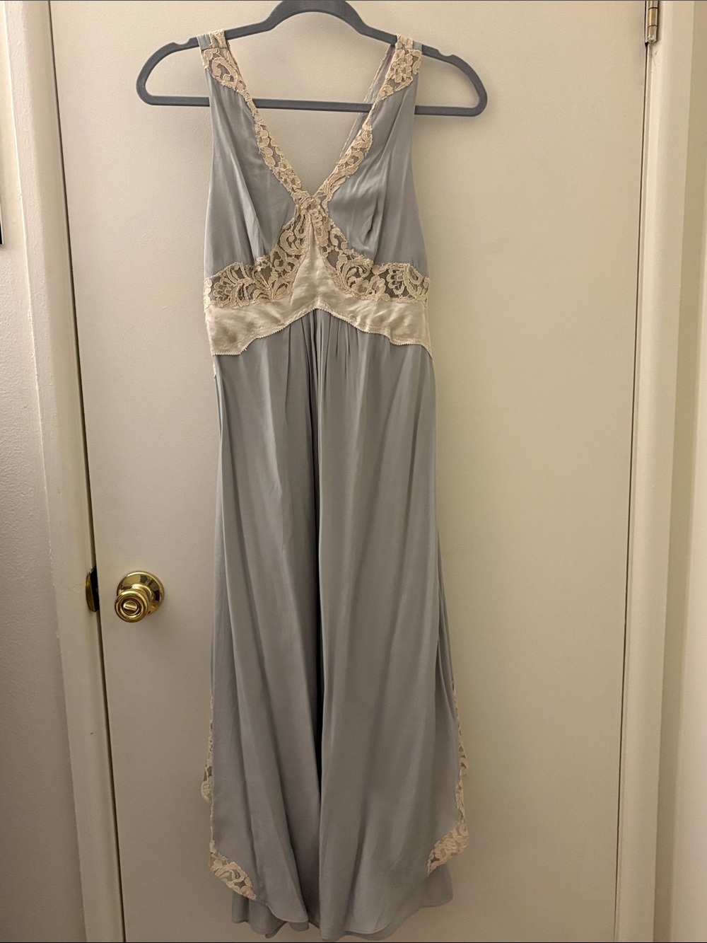 Free People Women’s Lace-Trim Slip Dress in Light Gray/Blue and Cream